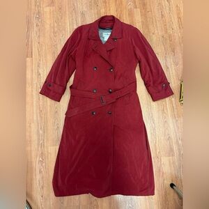LL Bean Vintage Burgundy DB Trench Coat Zip Out Wool Lining Women's Sz 8 Reg
